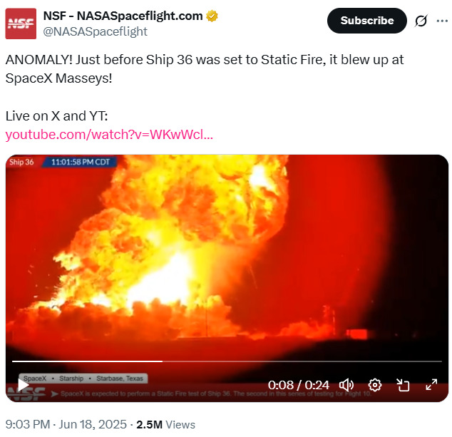 SpaceX Starship 36 explodes 2025-06-19 2e7ef