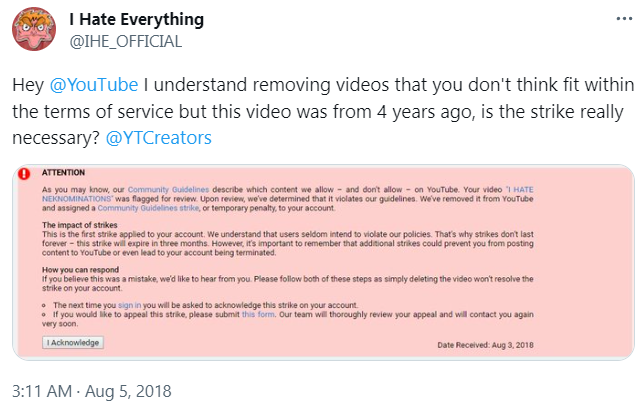 i hate everything YouTube ban 2023-07-19