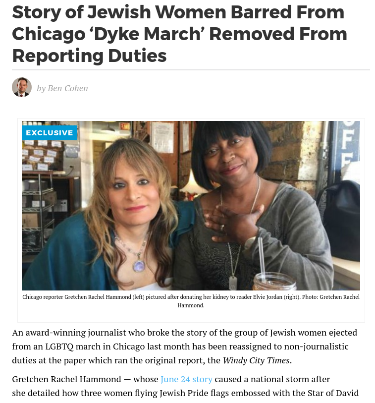 Story of Jewish Women Barred From Chicago Dyke March Removed From Reporting Duties