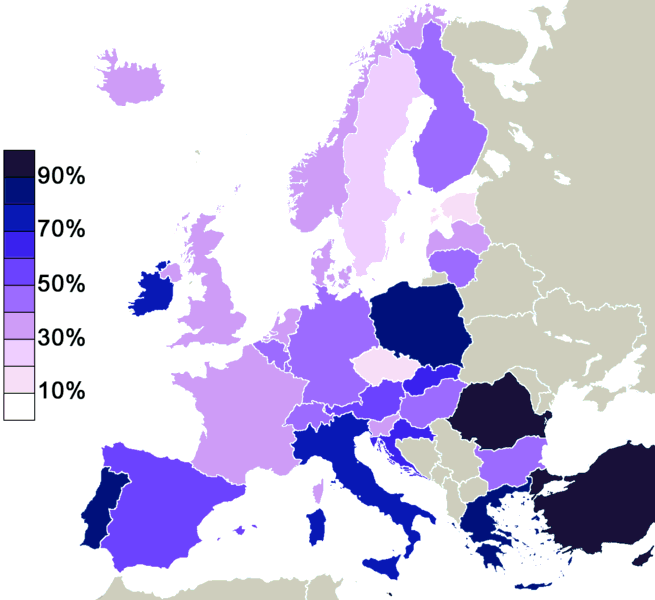 Percentage of Europe beliving in God