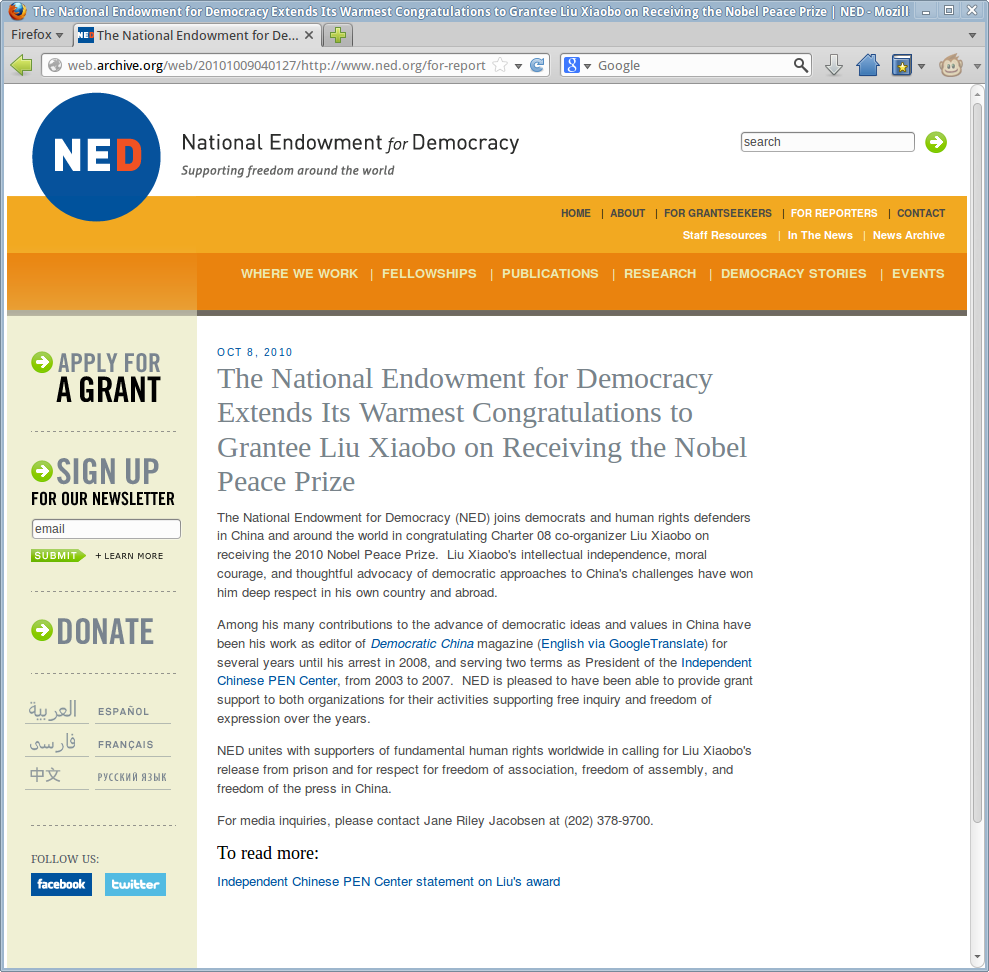 national endowment for democracy 2010-10-08 Liu Xiaobo