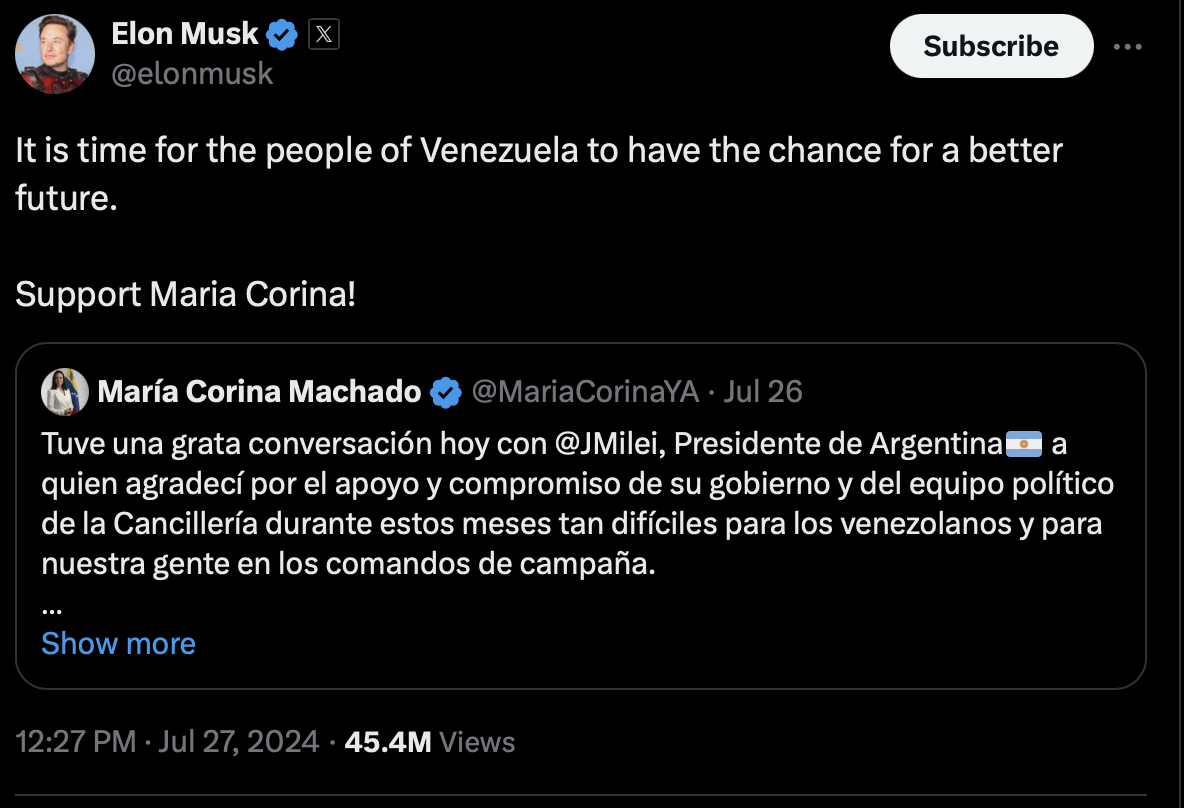 Venezuela Election Elon Musk 2024-07-27 85620