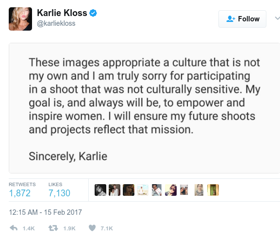 Karlie Kloss cultural appropriation apology 2017 02 15