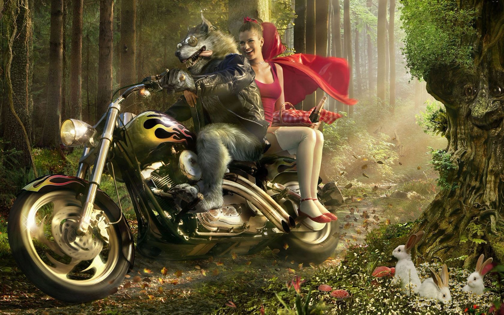 little red riding hood riding wolf motocycle