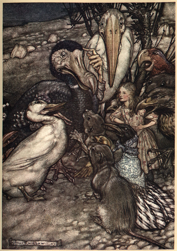 Alice talking with a pack of animals
