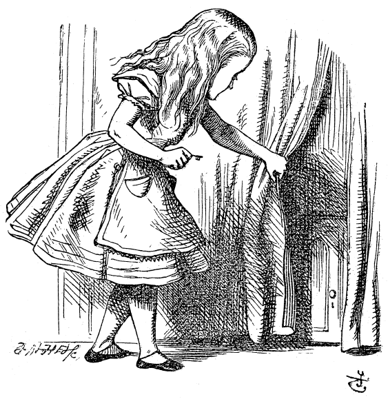 Alice finding tiny door behind curtain