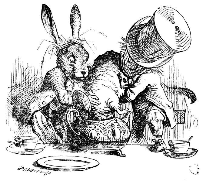 Hatter and Hare dunking Dormouse