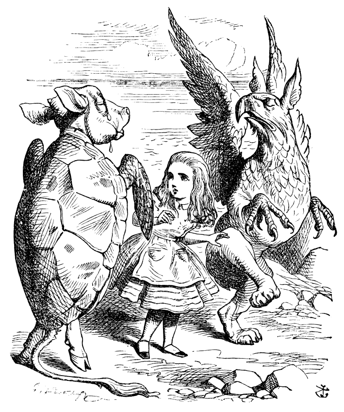 Mock Turtle and Gryphon demonstrating the Lobster Quadrille to Alice