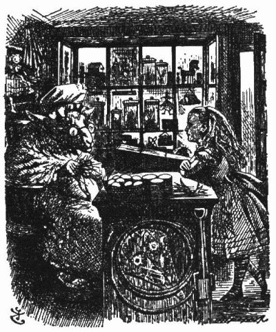 Alice in a shop with a kniting sheep