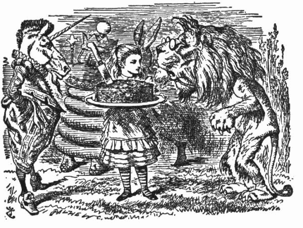 Alice with pie, and griffon and the lion