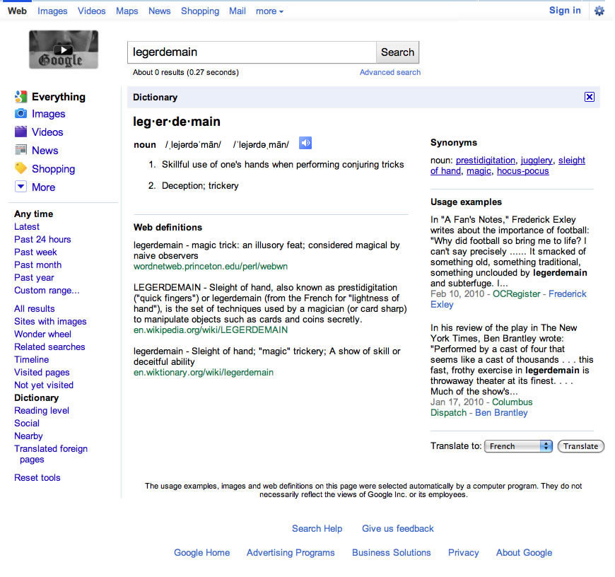 google dictionary screenshot
