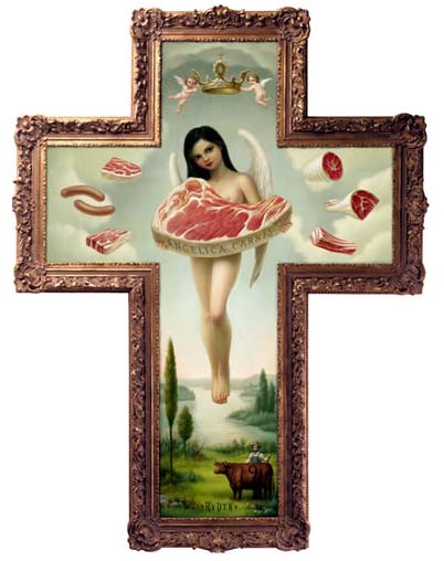naked girl with meat in a cross frame