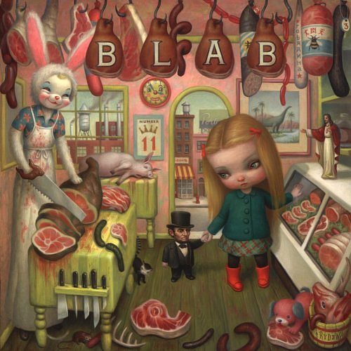 girl in a meat shop; surreal